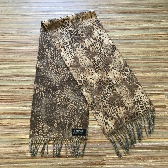 Cashmink Brushed Acrylic Scarf Beige Floral Leopard Print Made in Germany 11x52" - Picture 1 of 3